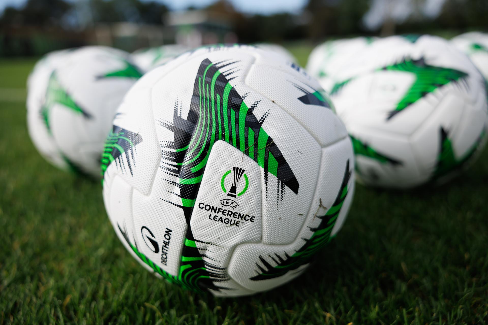 A close up on a soccer ball with the logo of UEFA Conference League pictured ahead of a training session of Belgian Cercle Brugge before the opening day of the League phase of the UEFA Conference League, Wednesday 02 October 2024 in Brugge. Club Brugge will face Swiss team FC St. Gallen. BELGA PHOTO KURT DESPLENTER