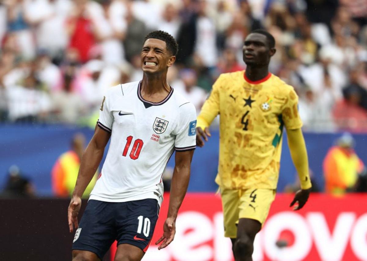 England's midfielder #10 Jude Bellingham reacts during the 2026 World Cup Group L football match between England and Ghana at the Boston Stadium in Foxborough on June 23, 2026. FRANCK FIFE / AFP