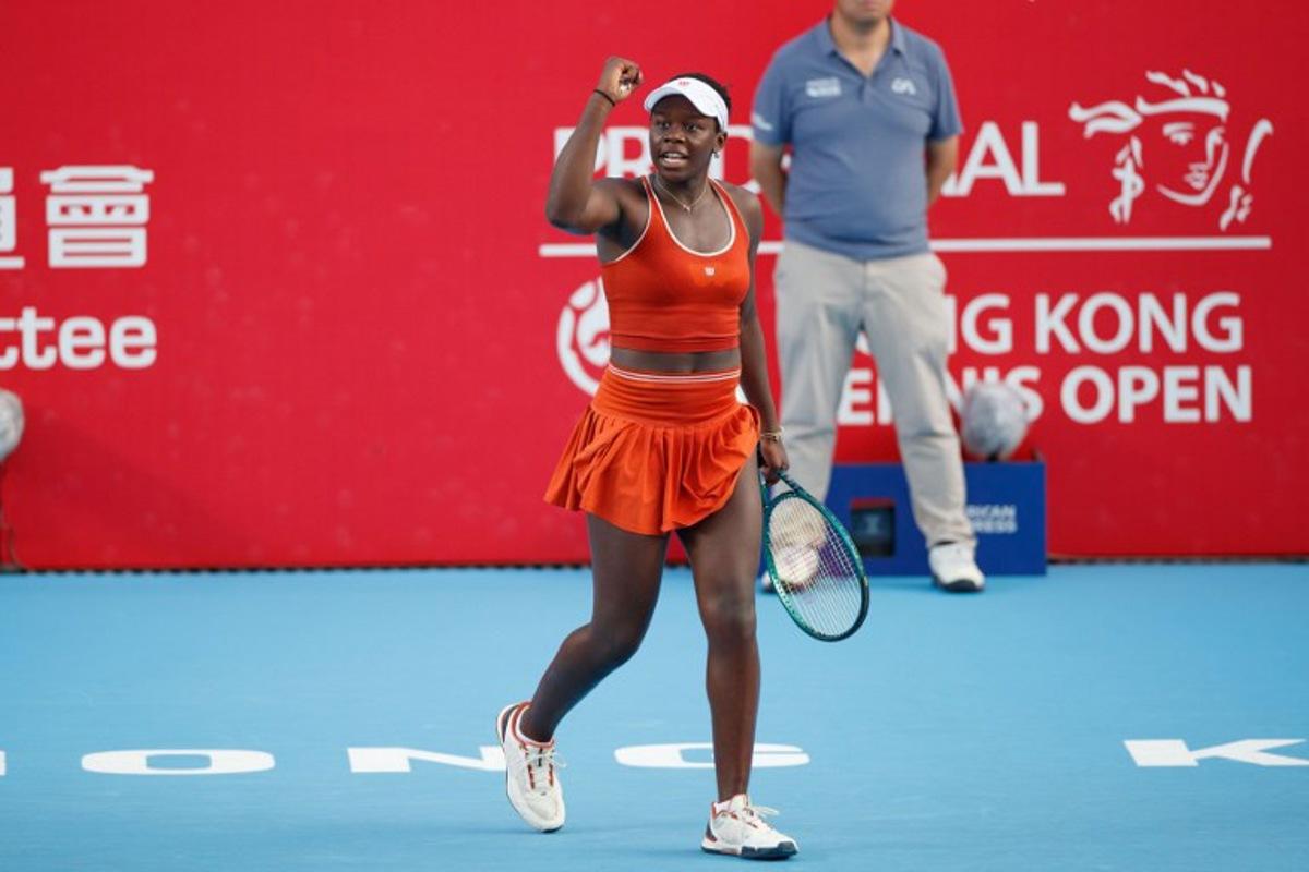Victoria Mboko of Canada reacts to a point to Spain's Cristina Bucsa during the women's singles final of the Hong Kong Tennis Open in Hong Kong on November 2, 2025. May JAMES / AFP