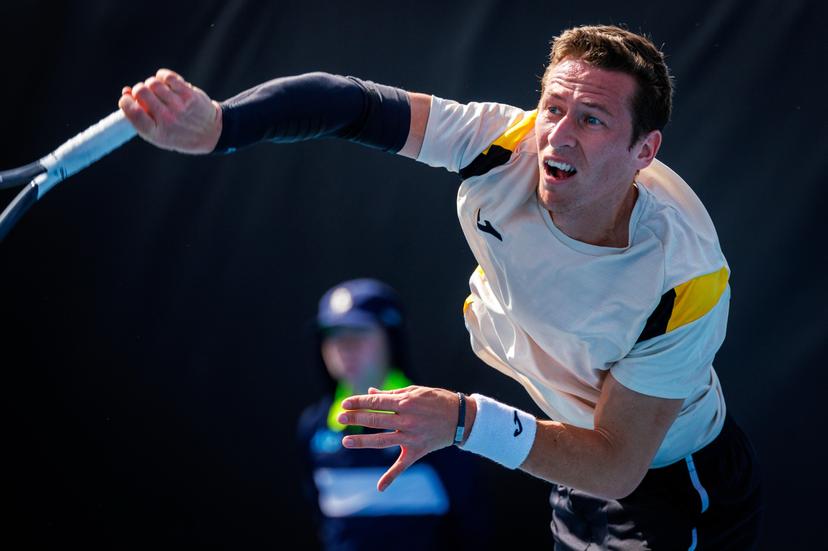 Belgium's Kimmer Coppejans pictured in action during a third round qualifying match in the men's singles against USA's Svajda at the Australian Open, Melbourne Park, Melbourne on Thursday 15 January 2026. BELGA PHOTO PATRICK HAMILTON --- BENELUX ONLY ---