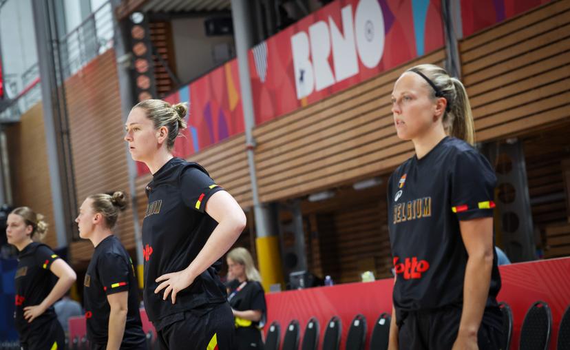 Belgium's Emma Meesseman and Belgium's Julie Allemand pictured in action during the warming-up for the second game in the group stage (group C) between Montenegro and Belgian national women team 'the Belgian Cats', in Brno, Czech Republlic, on Friday 20 June 2025, at the FIBA Women's EuroBasket 2025. BELGA PHOTO VIRGINIE LEFOUR