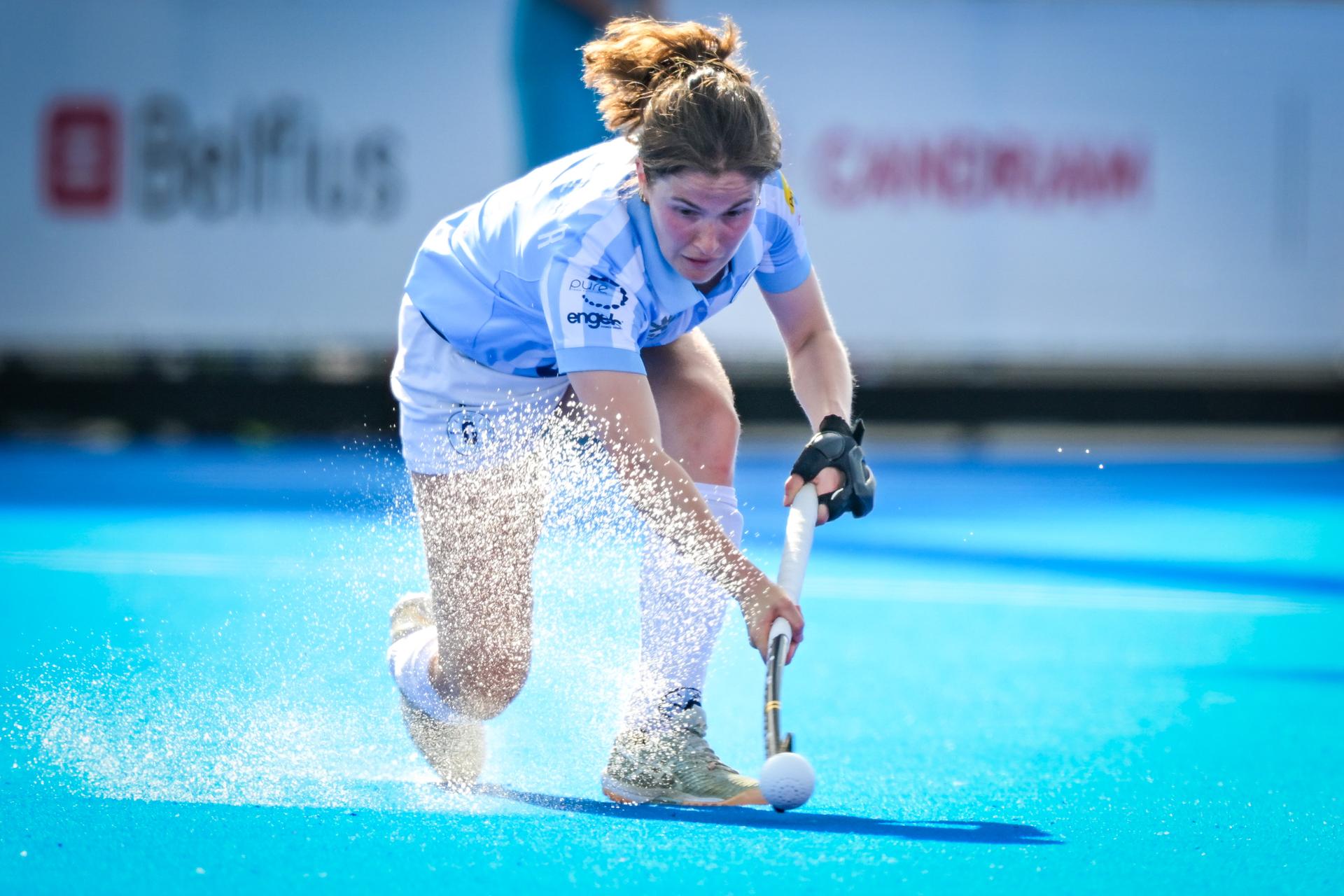 Gantoise's Helene Brasseur pictured in action during a hockey game between Gantoise and Dragons, Sunday 24 May 2026 in Wavre, the return leg of the women's Finals of the Belgian first division hockey championship. BELGA PHOTO DAVID PINTENS