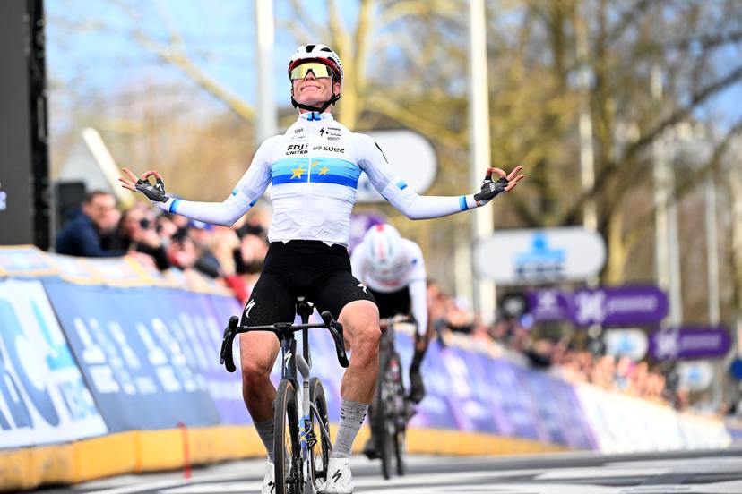 Dutch Demi Vollering of FDJ United-SUEZ celebrates after winning the women's one-day cycling race Omloop Het Nieuwsblad (UCI World Tour), the opening race of the Flemish one-day classics season, 137,6 km from Gent to Ninove, Saturday 28 February 2026. BELGA PHOTO MAARTEN STRAETEMANS