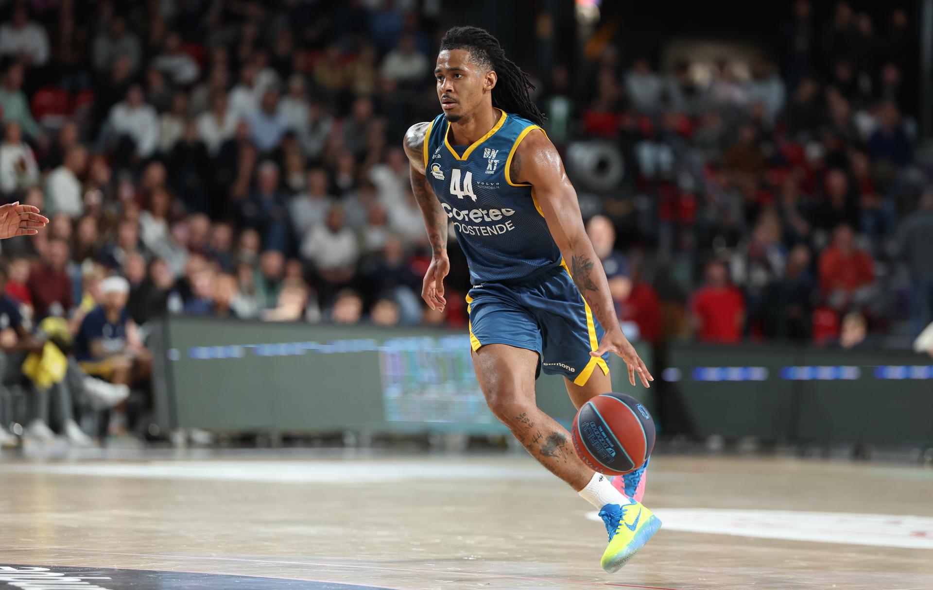 Oostende's Adam Miller pictured during a basketball match between Spirou Charleroi and BC Oostende, Friday 23 October 2026 in Charleroi, on day 4 of the 'BNXT League' Belgian and Dutch first division basket championship. BELGA PHOTO VIRGINIE LEFOUR