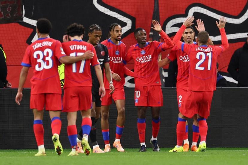 Paris Saint-Germain's French forward #10 Ousmane Dembele (3rd R) celebrates scoring the 2-6 goal with his teammates during the UEFA Champions League football match between Bayer 04 Leverkusen and Paris Saint-Germain (PSG) at the BayArena stadium in Leverkusen, western Germany on October 21, 2025. FRANCK FIFE / AFP