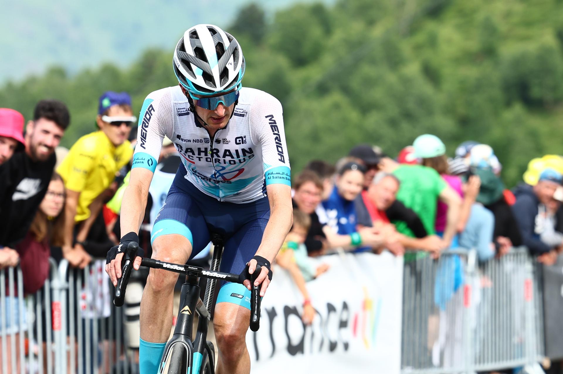 Dutch Wout Poels of Bahrain Victorious pictured in action during stage 14 of the 2024 Tour de France cycling race, from Pau to Saint-Lary-Soulan Pla d'Adet, France (151,9 km), on Saturday 13 July 2024. The 111th edition of the Tour de France starts on Saturday 29 June and will finish in Nice, France on 21 July. BELGA PHOTO DAVID PINTENS
