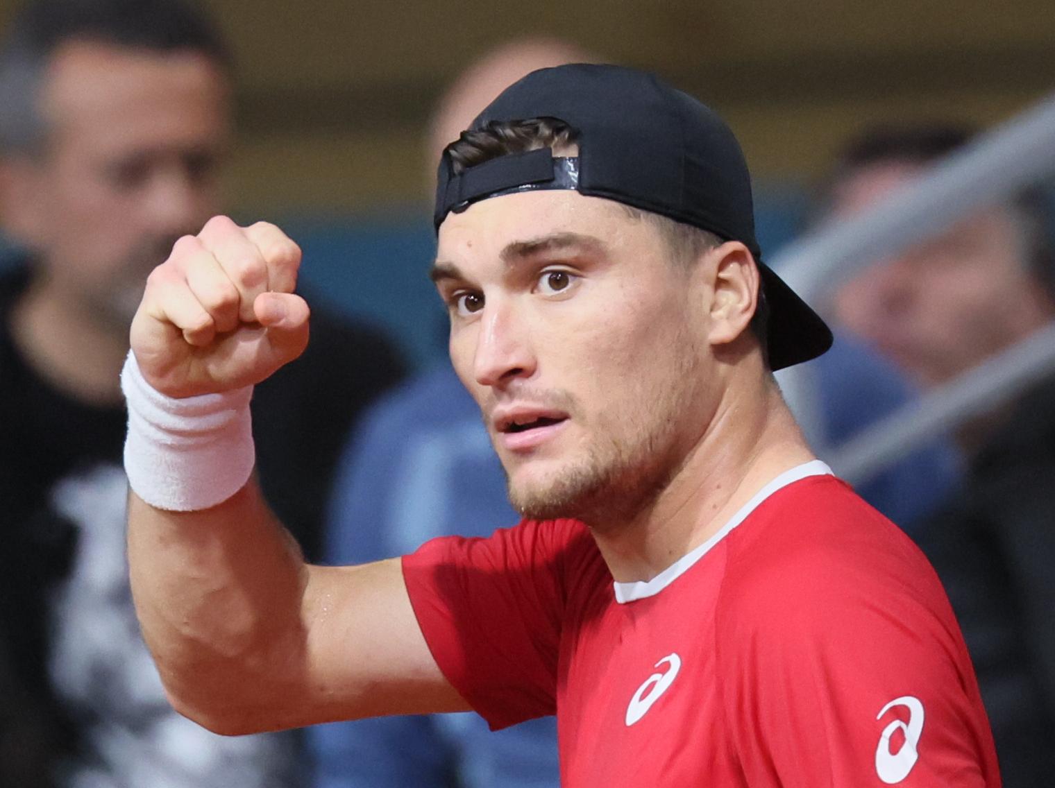 Belgian Raphael Collignon celebrates during a tennis match against Bulgarian Vasilev, during the qualifier of the Davis Cup on Saturday 07 February 2026, in Plovdiv, Bulgaria. Belgium will compete this weekend in the Davis Cup qualifiers against Bulgaria. BELGA PHOTO BENOIT DOPPAGNE