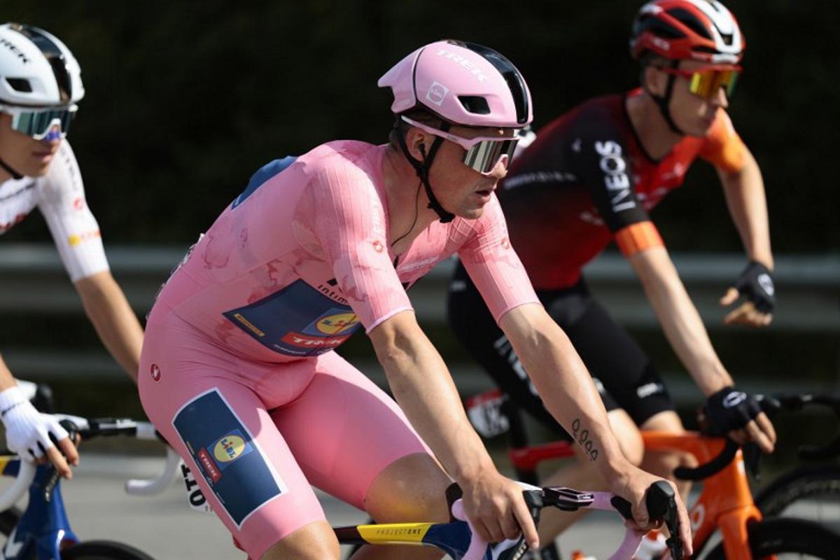 Pink jersey Lidl-Trek's Danish rider Mads Pedersen rides in the pack during the 5th stage of the 108th Giro d'Italia cycling race 151kms from Ceglie Messapica to Matera on May 14, 2025. Luca Bettini / AFP