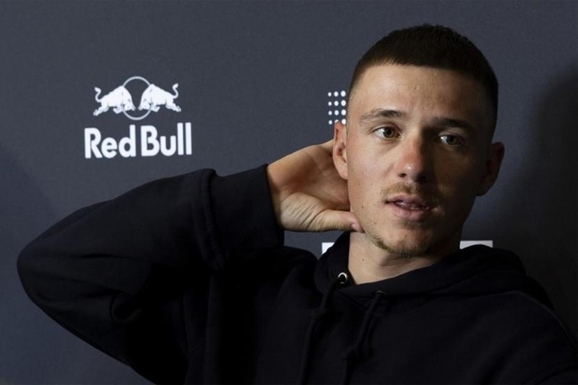 Red Bull-Bora-Hansgrohe's Belgium rider Remco Evenepoel speaks during a press conference in the media day of their new team in Binissalem on Mallorca Island on December 10, 2025. Jaime REINA / AFP