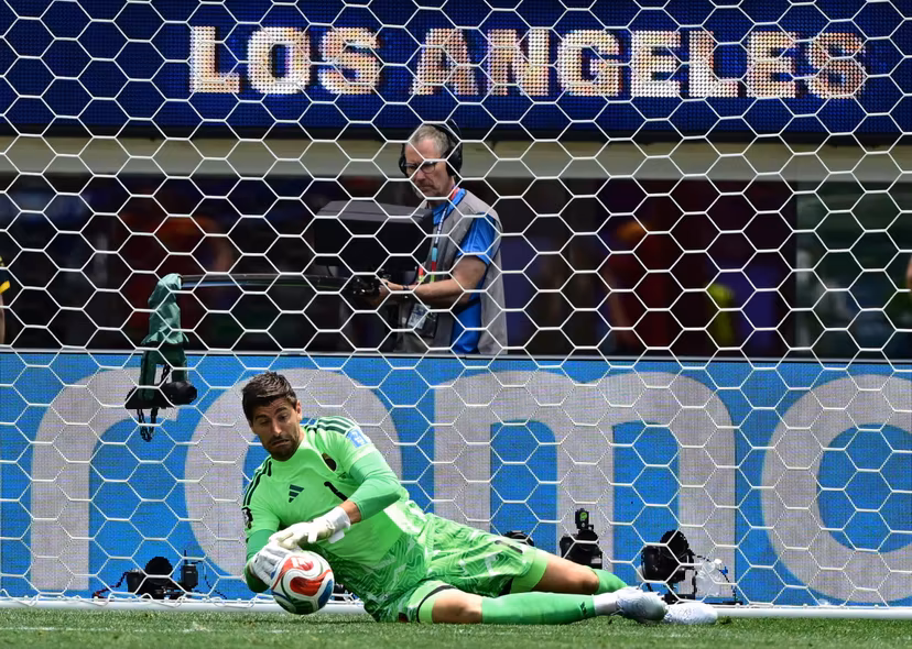 Belgium's goalkeeper Thibaut Courtois pictured in action during a soccer game between Belgian national team Red Devils and Iran, on Sunday 21 June 2026, at the SoFi stadium in Los Angeles, the second game in the group stage of the FIFA World Cup 2026 in the United States of America. The Diables Rouges - Rode Duivels were drawn into Group G. BELGA PHOTO DIRK WAEM
