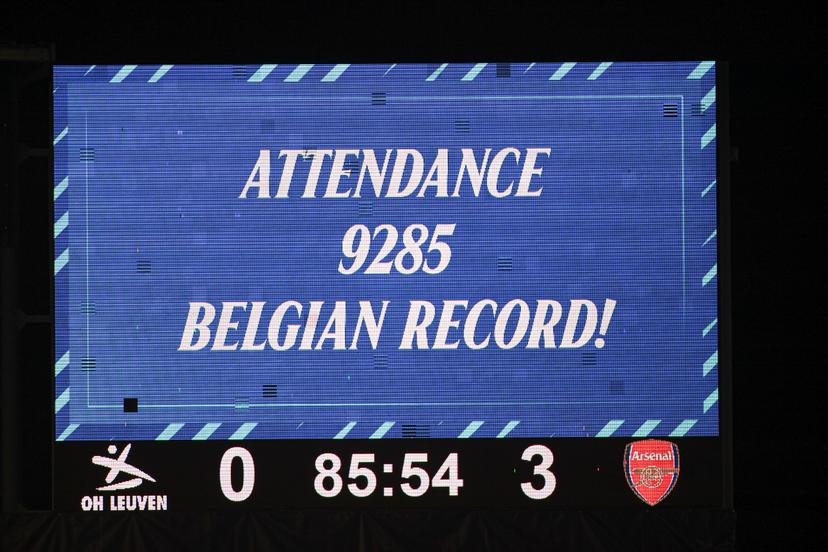 the scoreboard pictured during a soccer match between Oud-Heverlee Leuven Women and English Arsenal, Wednesday 17 December 2025 in Heverlee, game 6 (out of 6) in the league phase of the UEFA Women's Champions League competition. BELGA PHOTO JILL DELSAUX