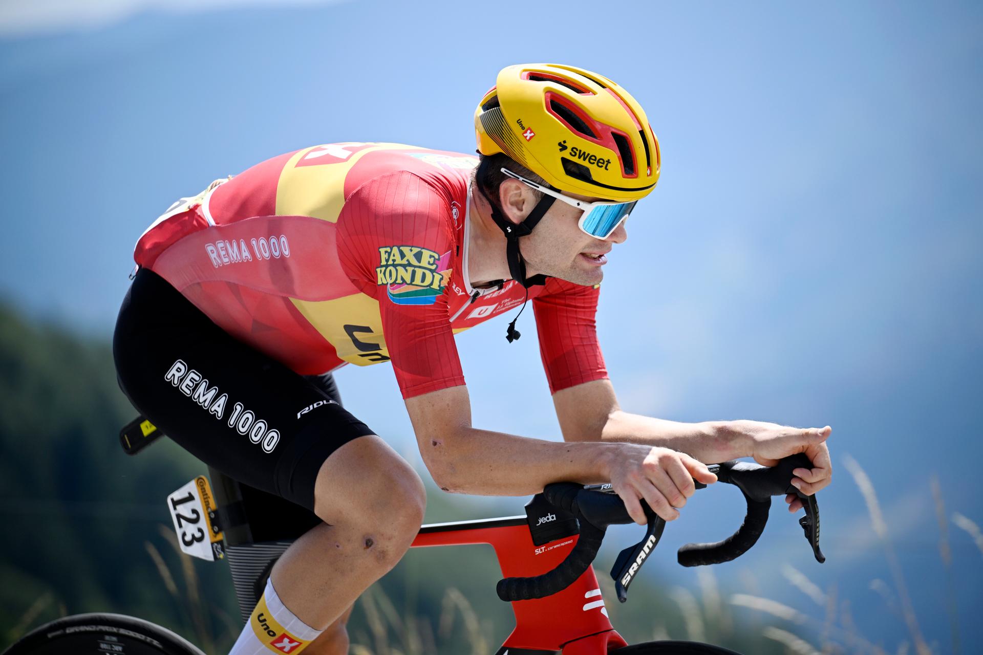 Danish Anthon Charmig of Uno-X Mobility is pictured during stage 14 of the 2026 Tour de France cycling race, a stage of 155km from Mulhouse to Le Markstein Fellering, on Saturday 18 July 2026. The 113th edition of the Tour de France starts on Saturday 4 July in Barcelona, Spain, and will finish in Paris, France on the 26th of July. BELGA PHOTO JASPER JACOBS