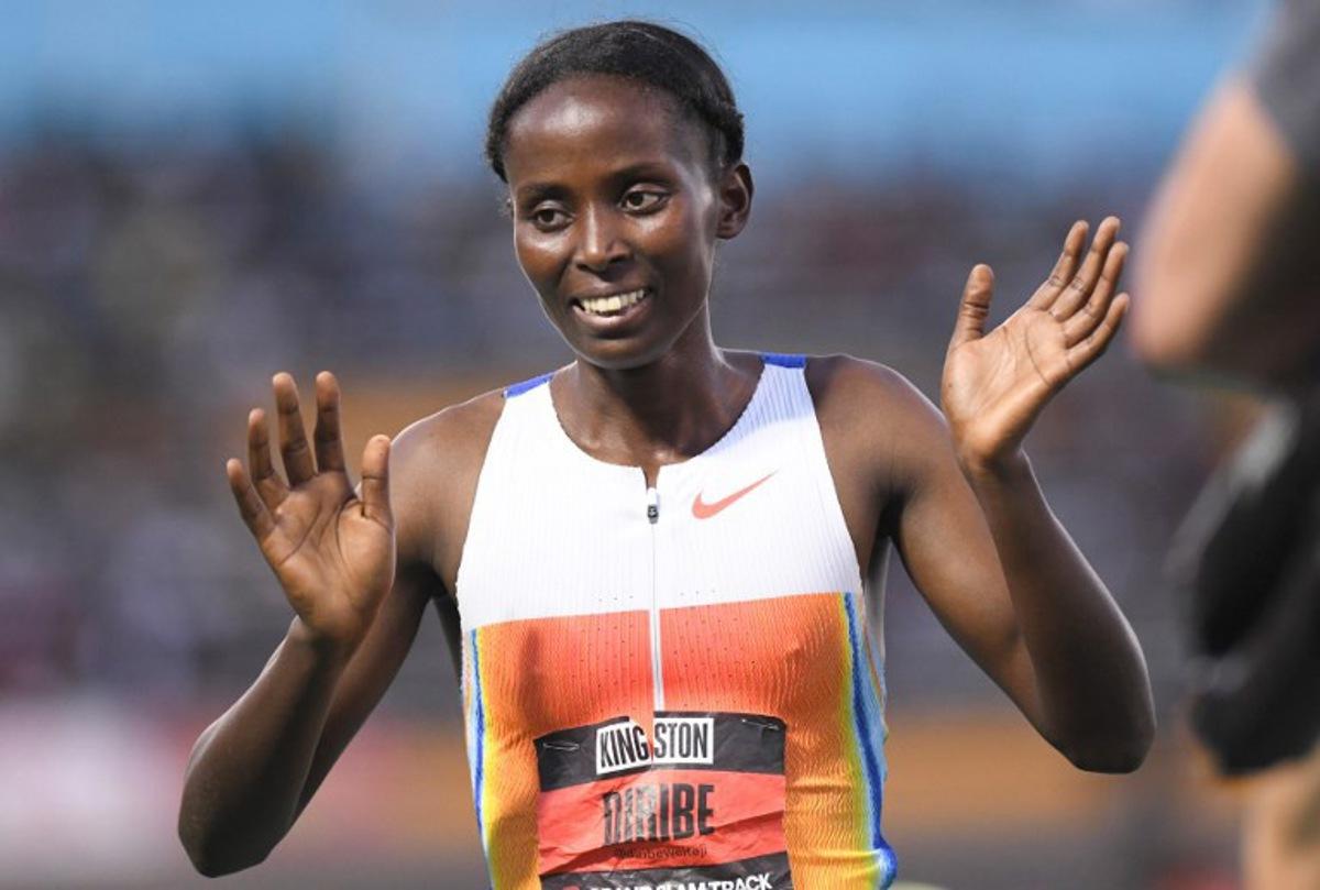 Ethiopia's Diribe Welteji reacts after winning the women's 1,500m event during the Grand Slam Track competition at the National Stadium in Kingston, Jamaica, on April 5, 2025. Ricardo Makyn / AFP