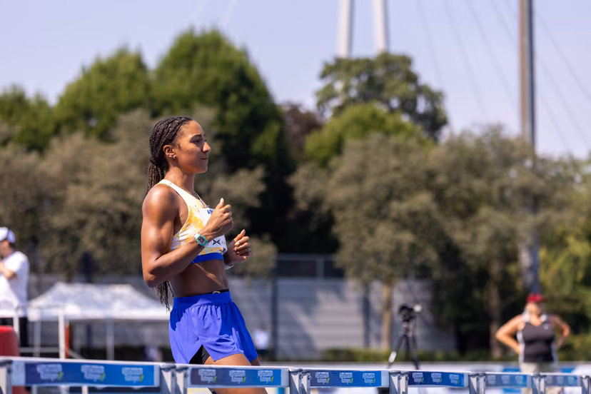 Belgian Nafissatou Nafi Thiam pictured in action during the women's 100m hurdles race, at the women's heptathlon event at the Stadtwerke Ratingen Mehrkampf-Meeting, IAAF World Athletics Combined Events Tour, in Ratingen, Germany, on Saturday 27 June 2026. BELGA PHOTO BJORN PAREE