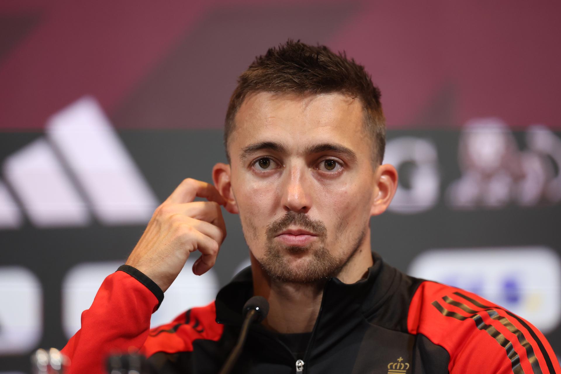 Belgium's Timothy Castagne pictured during a press moment of the Red Devils, the Belgian national soccer team, at the Proximus Basecamp in Tubize, Tuesday 07 October 2025. The team is preparing for the matches against North Macedonia (10/10) and Wales (13/10). BELGA PHOTO VIRGINIE LEFOUR