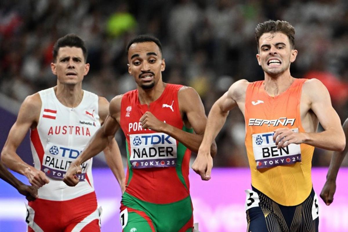 Austria's athlete Raphael Pallitsch, Portugal's athlete Isaac Nader and Spain's athlete Adrian Ben compete in the men's 1500m semi-final during the World Athletics Championships in Tokyo on September 15, 2025. Jewel SAMAD / AFP