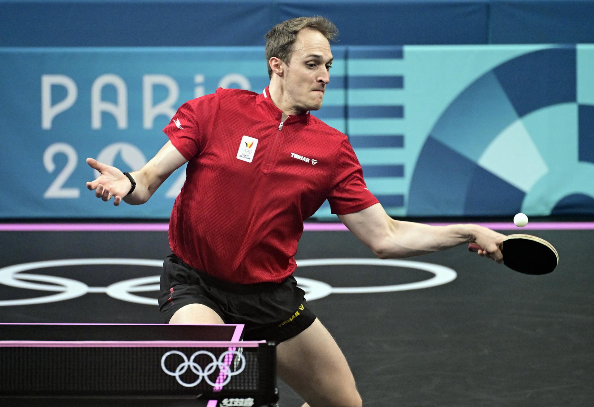 Belgian Cedric Nuytinck pictured in action during a table tennis game against Swedish Moregardh, in the round of 64 of the men's singles competition at the Paris 2024 Olympic Games, on Saturday 27 July 2024 in Paris, France. The Games of the XXXIII Olympiad are taking place in Paris from 26 July to 11 August. The Belgian delegation counts 165 athletes in 21 sports. BELGA PHOTO LAURIE DIEFFEMBACQ
