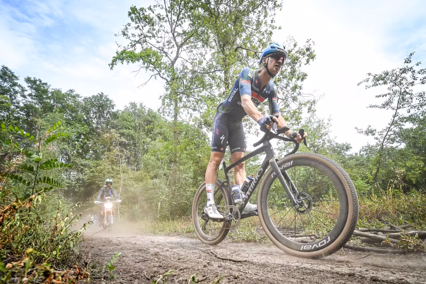Belgian Tim Merlier of Soudal Quick-Step is pictured in action during the elite race at the Belgian Gravel Championships, Sunday 16 August 2026 in Grobbendonk. BELGA PHOTO ELIAS ROM
