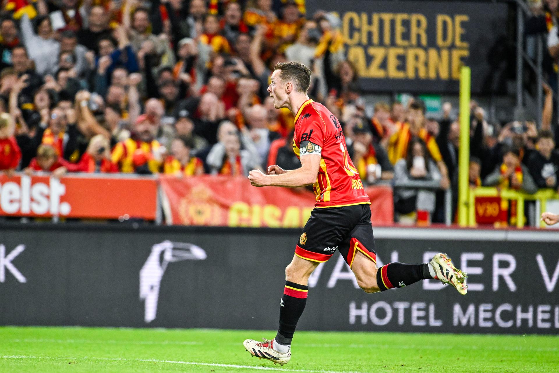 Mechelen's Rob Schoofs celebrates after scoring during a soccer match between KV Mechelen and Club Brugge, Friday 01 August 2025 in Mechelen, on day 2 of the 2025-2026 'Jupiler Pro League' first division of the Belgian championship. BELGA PHOTO TOM GOYVAERTS