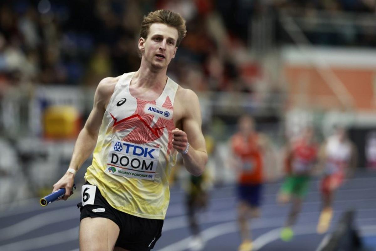 Belgium's Alexander Doom competes in the men's final 4x400 metres relay event during the World Athletics Indoor Championships Kujawy Pomorze 2026 in Torun, Poland on March 22, 2026. Wojtek RADWANSKI / AFP