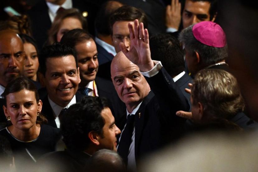 FIFA's president Gianni Infantino waves on arrival for the swearing-in ceremony of Colombia's new President Abelardo de la Espriella at Universidad Santiago de Cali in Cali, Colombia, on August 7, 2026. Luis ACOSTA / AFP