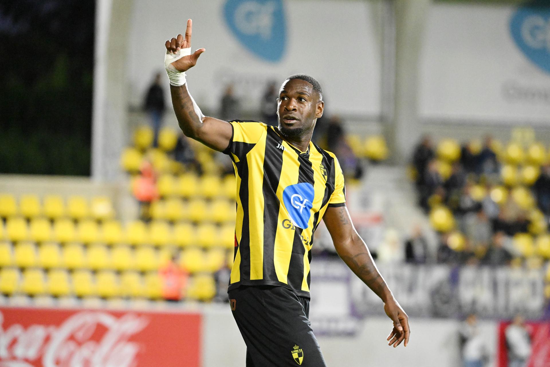 Lierse's Cristian Makate celebrate after scoring the 1-1 goal during a soccer match between Lierse SK and Patro Eisden Maasmechelen, Saturday 22 August 2026 in Lier, on day 2 of the 2026-2027 'Challenger Pro League' 1B second division of the Belgian championship. BELGA PHOTO MAARTEN STRAETEMANS