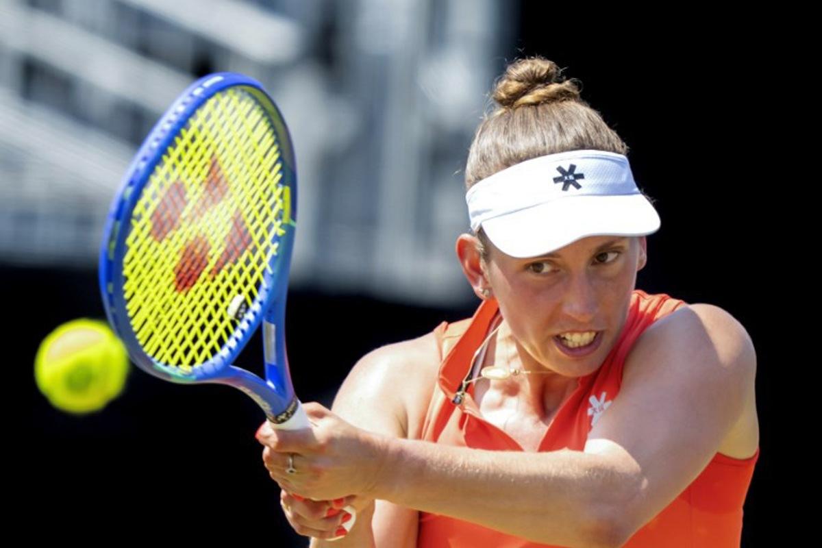 Belgium's Elise Mertens hits a return to China's Yue Yuan during their WTA Hertogenbosch open quarter final match against at the Autotron in Rosmalen, on June 13, 2025. Sander Koning / ANP / AFP