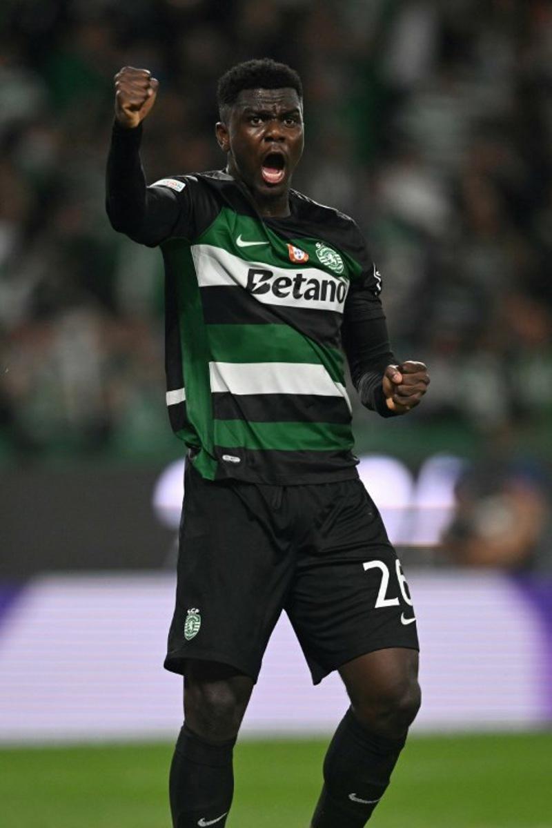 Sporting Lisbon's Ivorian defender #26 Ousmane Diomande reacts after Manchester City's Norwegian striker #09 Erling Haaland failed to score from the penalty spot during the UEFA Champions League, league phase day 4 football match between Sporting Lisbon and Manchester City at the Jose Alvalade stadium in Lisbon on November 5, 2024. PATRICIA DE MELO MOREIRA / AFP