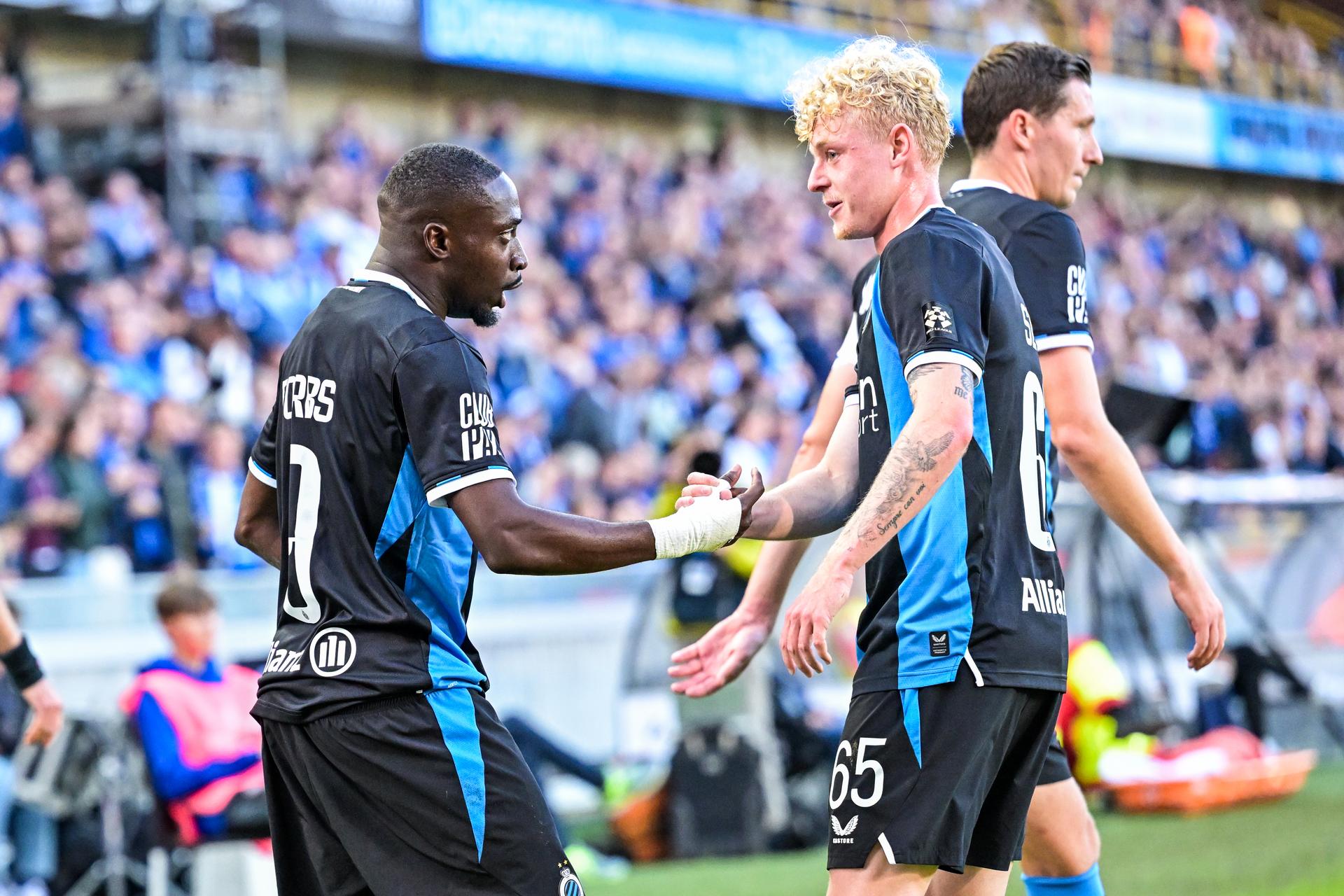 Club's Carlos Forbs and Club's Joaquin Seys celebrates after scoring during a soccer match between Club Brugge KV and KRC Genk, Sunday 20 September 2026 in Brugge, on day 7 of the 2026-2027 'Jupiler Pro League' first division of the Belgian championship. BELGA PHOTO DAVID PINTENS