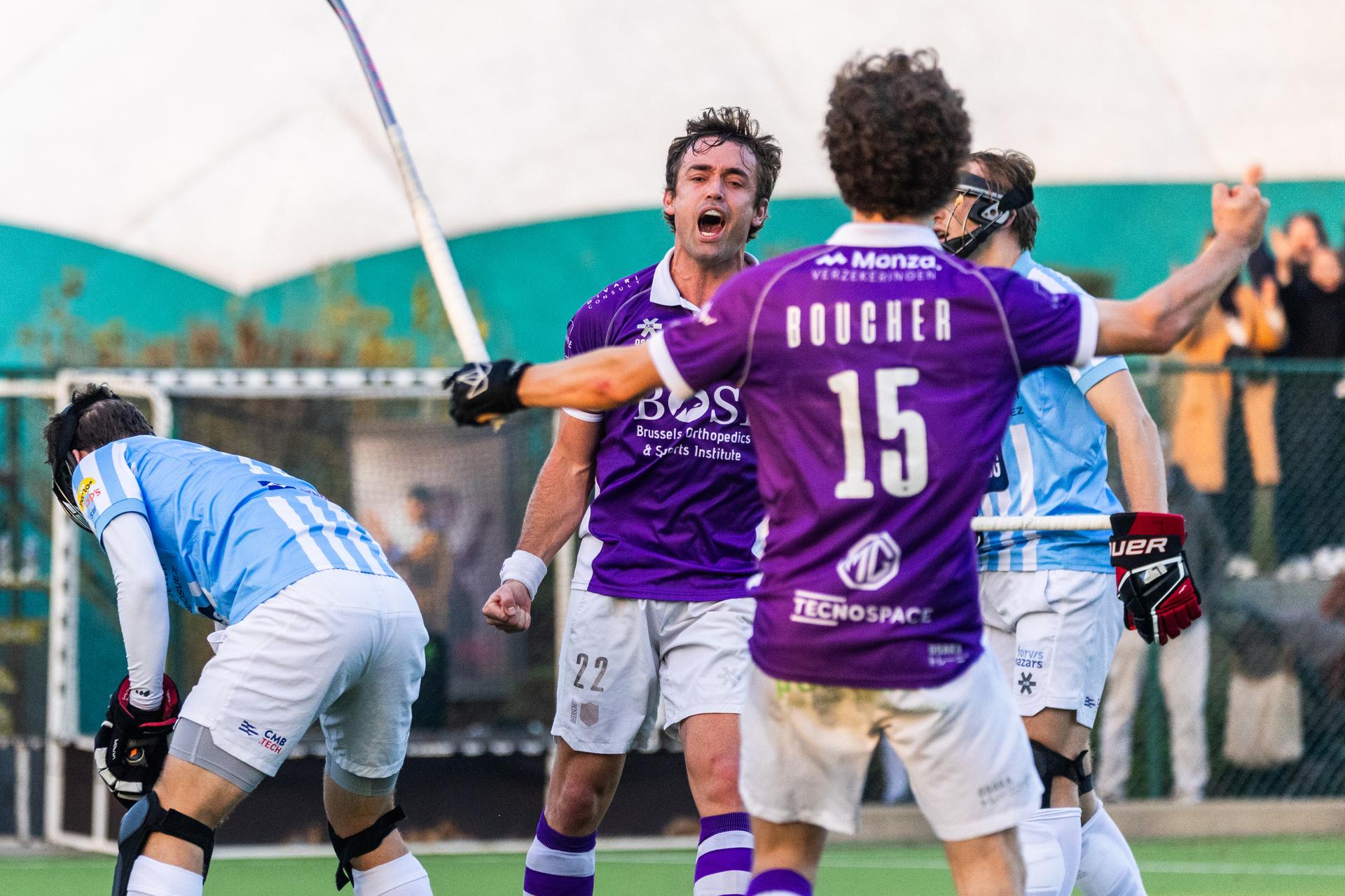 Beerschot's Daniel Bell (C) celebrates with Beerschot's Julien Boucher at a hockey game between Beerschot and Gantoise, Sunday 09 November 2025 in Boussu, on day 10 of the Belgian first division hockey championship. BELGA PHOTO PAULINE SCHUMACKER