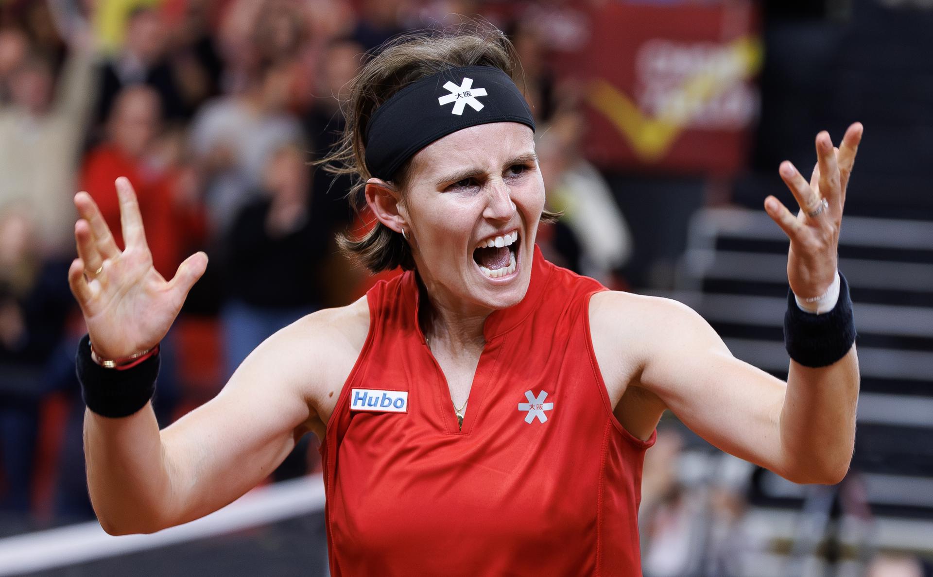 Belgian Greet Minnen celebrates winning her match the fourth game between Belgian Minnen and US' Jovic on the second day of the qualifiers of the Billie Jean King Cup tennis between Belgium and the USA, in Oostende, Belgium, on Saturday 11 April 2026. The meeting takes place on 10 and 11th April. PHOTO BENOIT DOPPAGNE