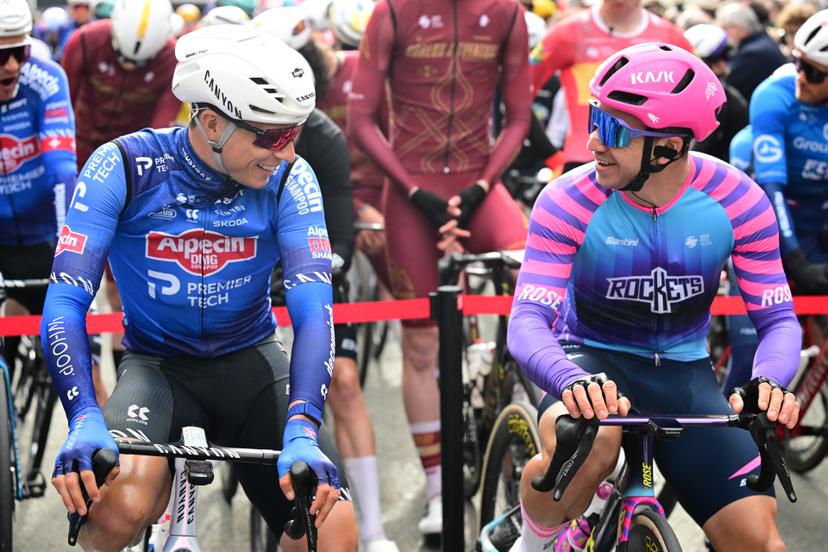 Belgium's Jasper Philipsen of Alpecin-Premier Tech and Netherlands' Dylan Groenewegen of Unibet Rose Rockets pictured at the start of the 78th edition of the men elite race of the Kuurne-Brussels-Kuurne one day cycling race, 195 km from Kuurne to Kuurne via Brussels, Sunday 01 March 2026. BELGA PHOTO DIRK WAEM