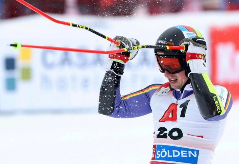 Belgium's Sam Maes reacts after second run of the men's giant slalom event of the FIS Alpine Skiing World Cup in Soelden, Austria on October 26, 2025. Johann GRODER / EXPA / APA / AFP