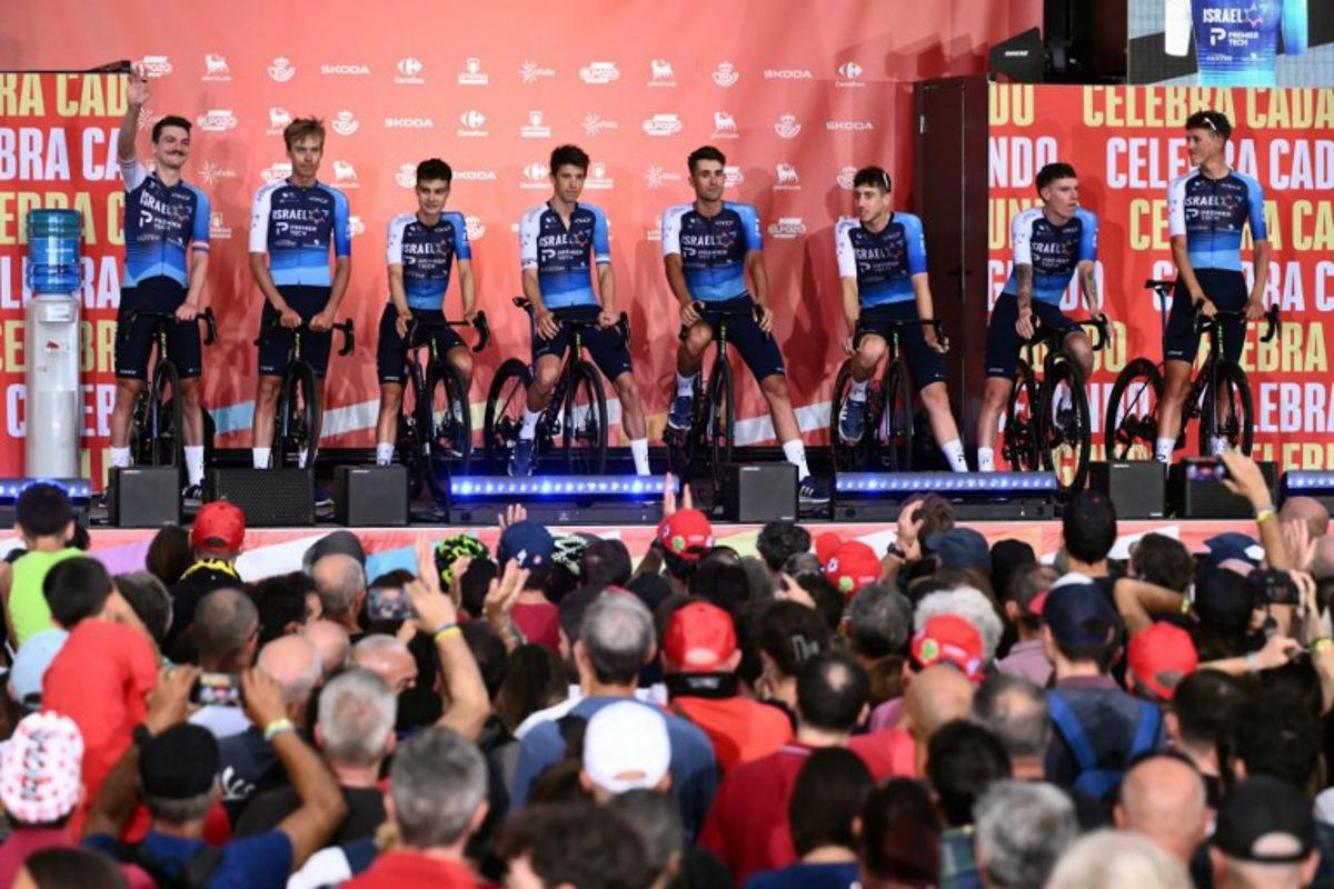 Team Israel-Premier Tech is seen during the official teams presentation of the 80th edition of 'La Vuelta' cycling tour of Spain, in Torino, Italy on August 21, 2025. Marco BERTORELLO / AFP