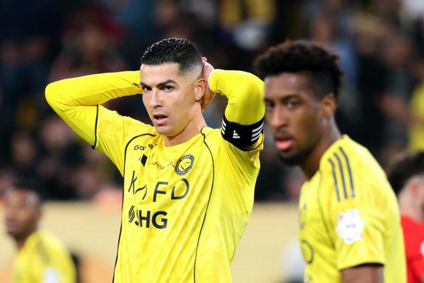 Nassr's Portuguese forward #07 Cristiano Ronaldo reacts during the Saudi Pro League football match between Al-Nassr FC and Al-Qadsiah at al-Awwal Park stadium in Riyadh on January 8, 2026. Fayez NURELDINE / AFP