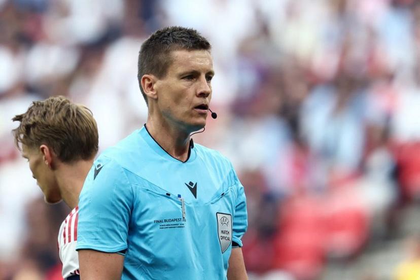 German referee Daniel Siebert looks on during the UEFA Champions League final football match between Paris Saint-Germain (PSG) and Arsenal FC at the Puskas Arena in Budapest on May 30, 2026. FRANCK FIFE / AFP