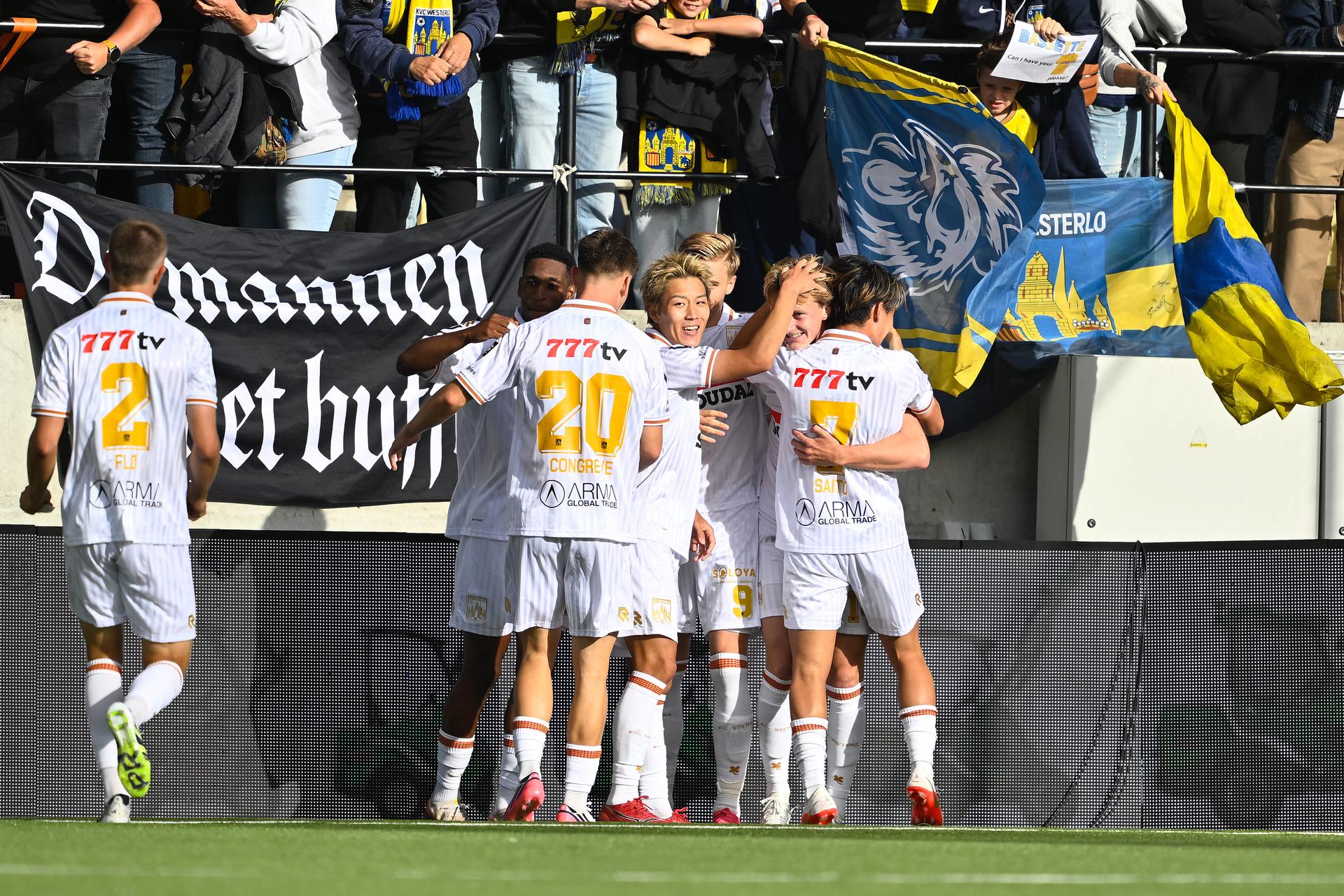 Westerlo's Cisse Sandra celebrates after scoring during a soccer match between Sint-Truidense VV and KVC Westerlo, Sunday 20 September 2026, in Sint-Truiden, on day 7 of the 2026-2027 'Jupiler Pro League' first division of the Belgian championship. BELGA PHOTO JOHAN EYCKENS