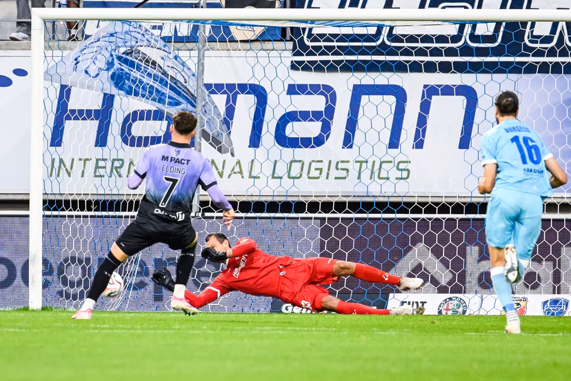 Gent's goalkeeper Davy Roef saves a penalty during a soccer game between Belgian KAA Gent and Scottish Hibernian FC, Thursday 20 August 2026 in Gent, the first leg of the play-off round for the UEFA Conference League group phase. BELGA PHOTO TOM GOYVAERTS