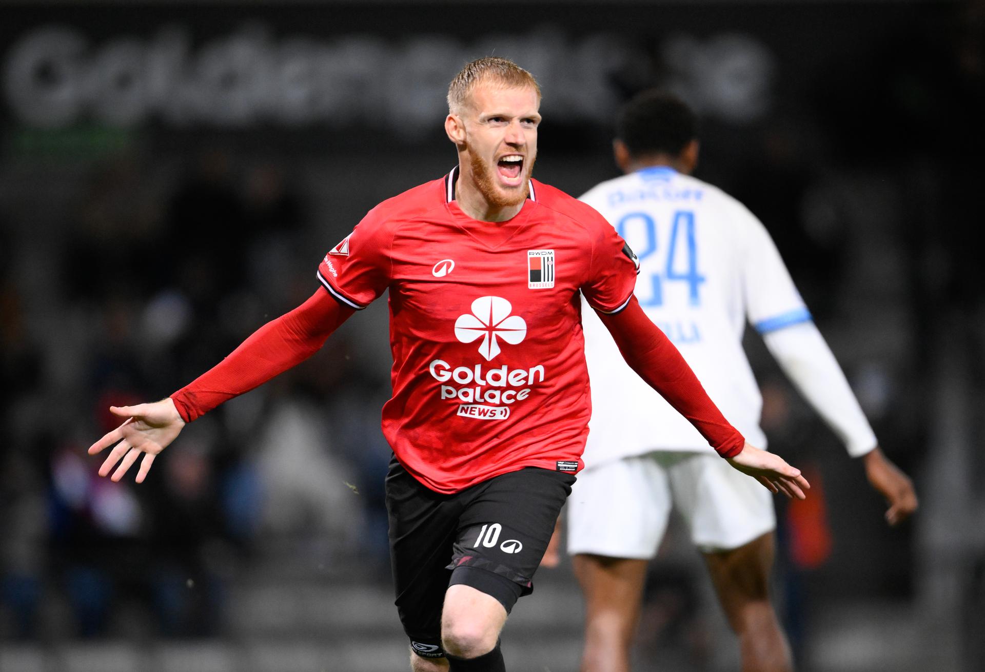 Rwdm's Gaetan Robail celebrates after scoring during a soccer game between RWDM Brussels and Club Nxt, Saturday 18 October 2025 in Brussels, on day 11 of the 2025-2026 'Challenger Pro League' 1B second division of the Belgian championship. BELGA PHOTO JOHN THYS