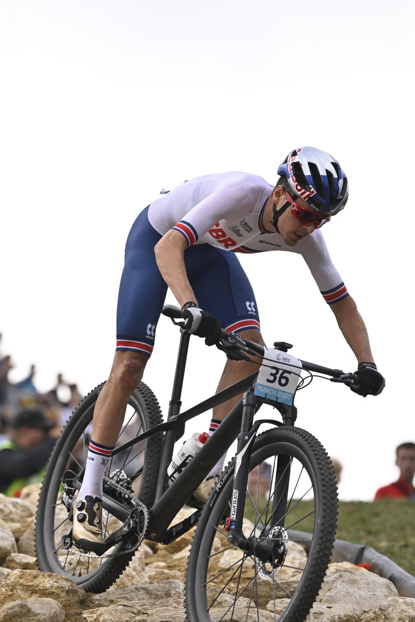 British Tom Pidcock of Ineos Grenadiers pictured in action during the men cross country race of the Mountainbike (VTT) event on the ninth day of the Athletics European Championships, at Munich 2022, Germany, on Friday 19 August 2022. The second edition of the European Championships takes place from 11 to 22 August and features nine sports. BELGA PHOTO ERIC LALMAND