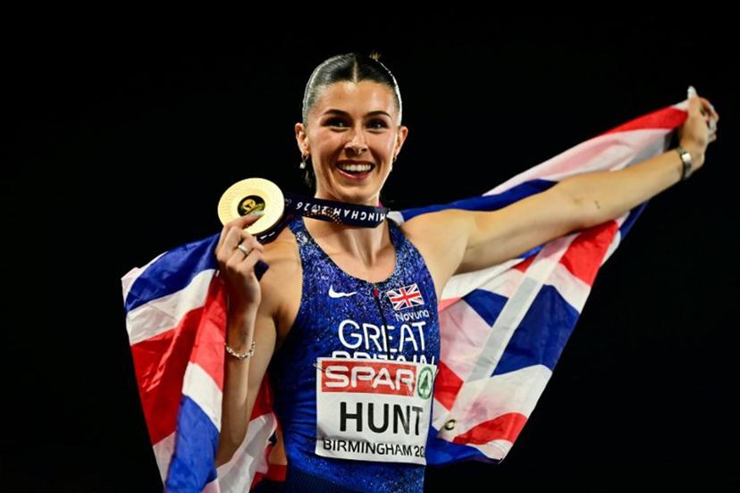 Gold medallist Britain's Amy Hunt celebrates after winning in the women's 200m final during the European Athletics Championships at Alexander Stadium in Birmingham on August 13, 2026. Ben STANSALL / AFP