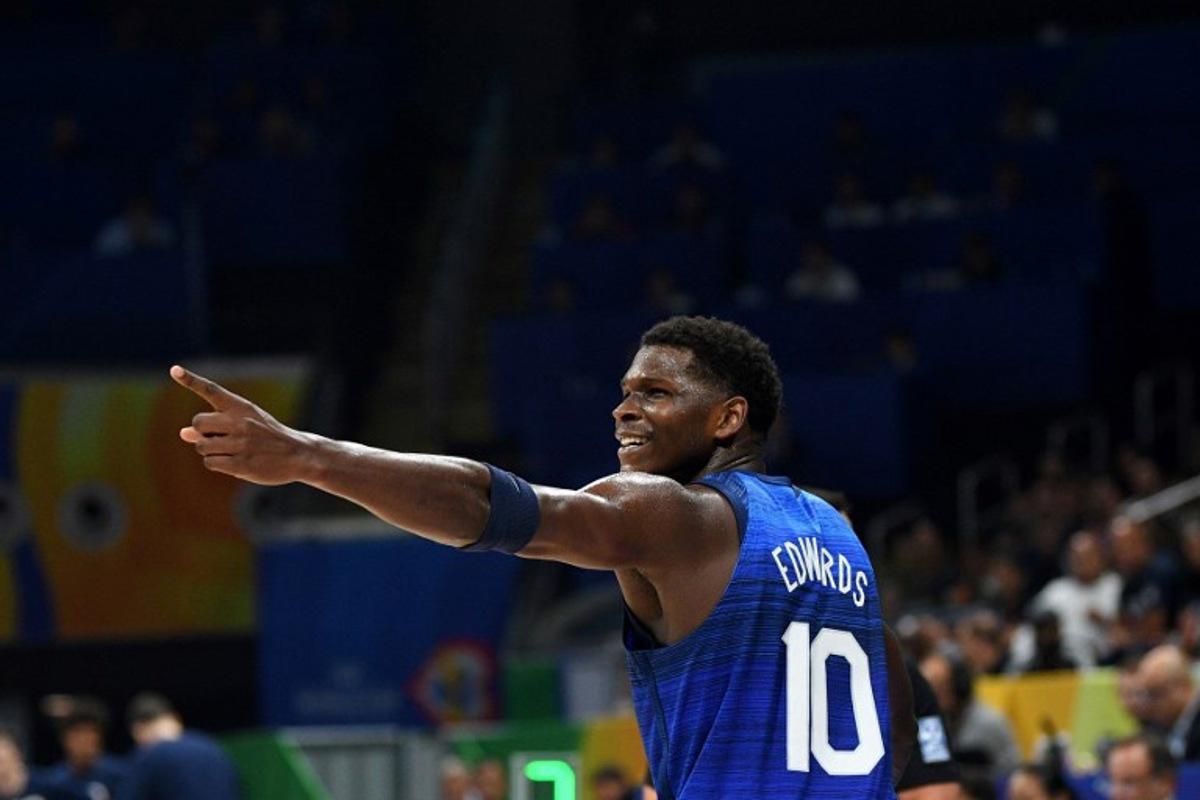 US's Anthony Edwards gestures during the FIBA Basketball World Cup quarter-final match between US and Italy in Manila on September 5, 2023. Ted ALJIBE / AFP