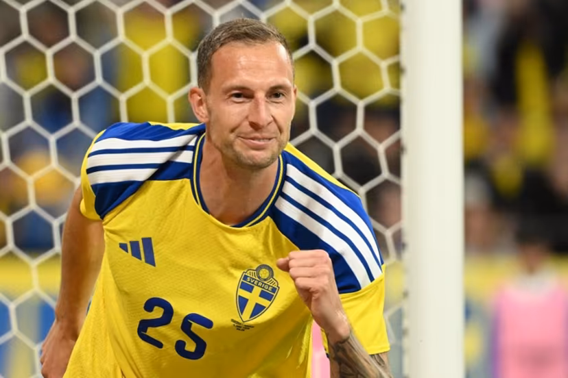 Sweden's forward #25 Gustaf Nilsson celebrates scoring his team's second goal during the friendly match between Sweden and Greece ahead of the 2026 FIFA World Cup football tournament, in Solna, near Stockholm, on June 4, 2026. Jonathan Nackstrand / AFP