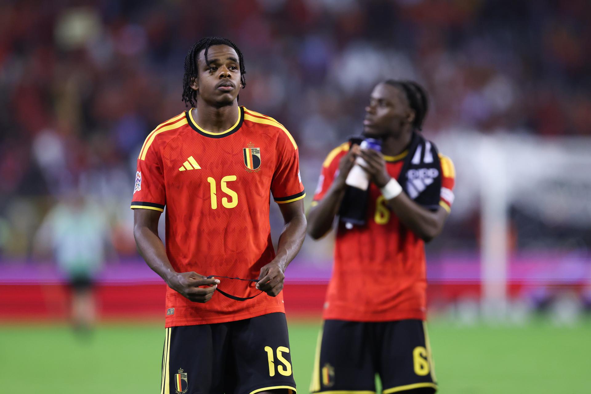 Belgium's Nathan Ngoy looks dejected after a soccer game between Belgian national team Red Devils and France, on Monday 28 September 2026 in Brussels, the second game of the UEFA Nations League group stage. BELGA PHOTO BRUNO FAHY