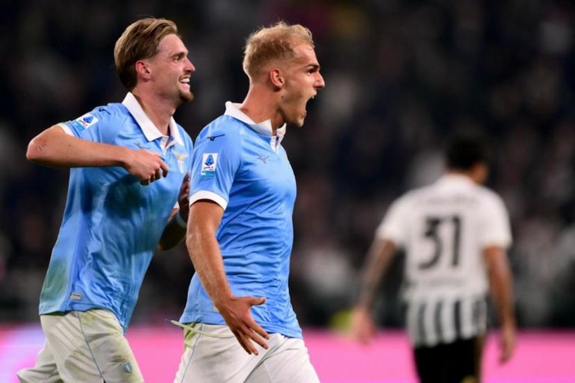 Lazio's Danish forward #11 Gustav Isaksen (R) celebrates scoring his team's second goal with Lazio's Dutch midfielder #24 Kenneth Taylor during the Italian Serie A football match between Juventus and Lazio at the Allianz Stadium, in Turin on October 18, 2026. Marco Bertorello / AFP