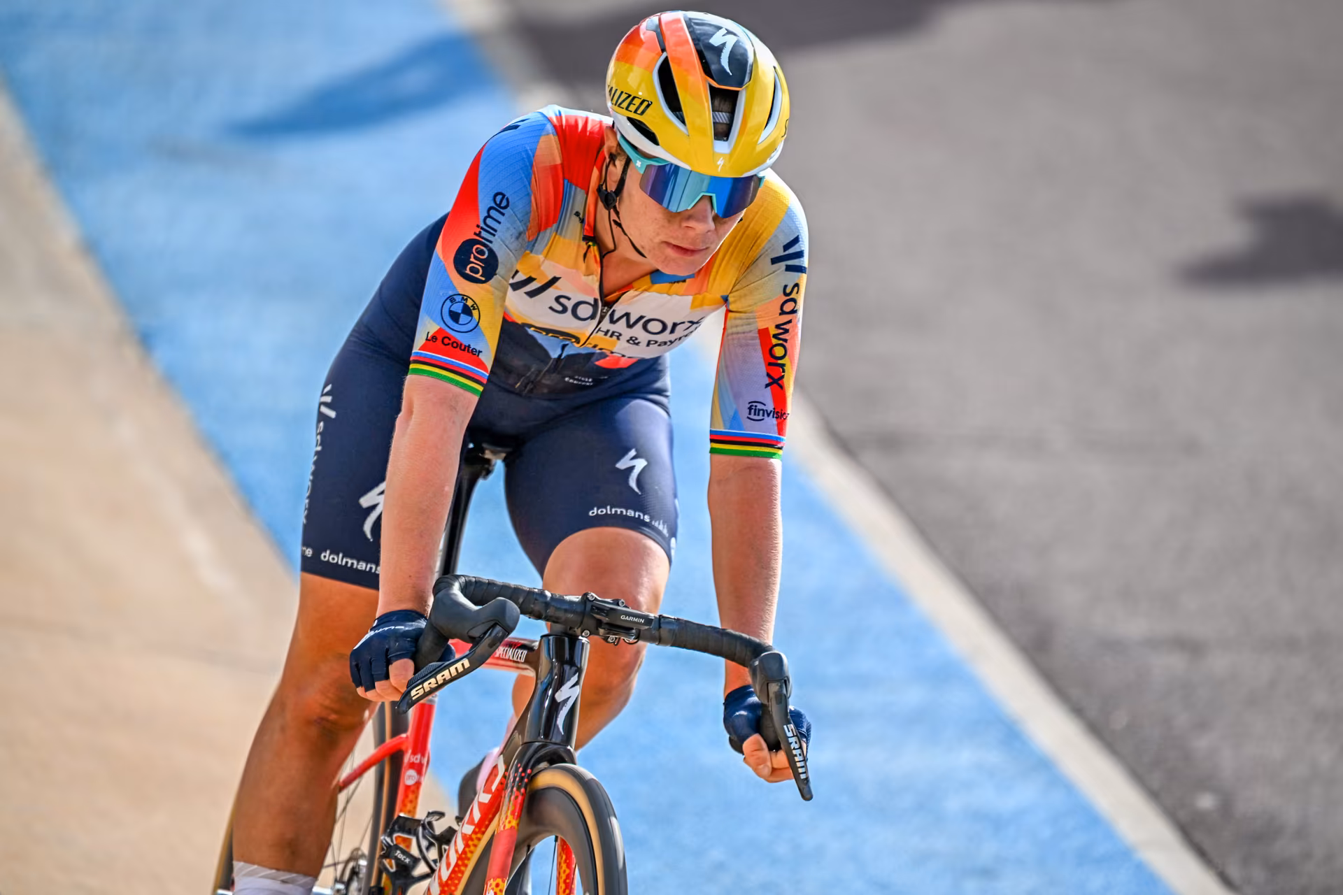 Belgian Lotte Kopecky crosses the finish line at the women's Paris-Roubaix cycling race, Sunday 12 April 2026, around Roubaix, France. The 123rd edition of Paris-Roubaix cycling races will take on Sunday, with the women riding 143,1 km the men riding 258,3 km on Sunday. BELGA PHOTO JASPER JACOBS