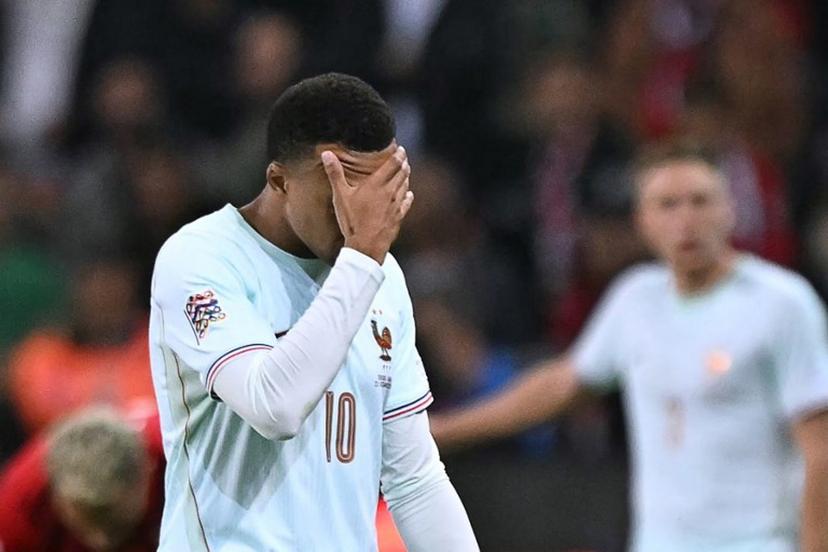 France's forward #10 Kylian Mbappe reacts after scoring the opening goal and to a leg pain during the UEFA Nations League (League A, Group 1) first leg football match between Turkey and France at the Kocaeli Stadium in Izmit, on September 25, 2026. OZAN KOSE / AFP