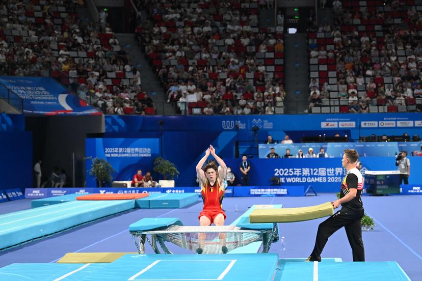 ATTENTION EDITORS - HANDOUT PICTURE - EDITORIAL USE ONLY - MANDATORY CREDIT BOIC - COIB - Belgian Brent Deklerck pictured in action during the Double Mini Trampoline competition of the World Games 2025, in Chenghdu, China, on Saturday 9 AUgust 2025. This year, the World Games take place from 07 to 17 augustus. PHOTO HANDOUT BOIC - COIB