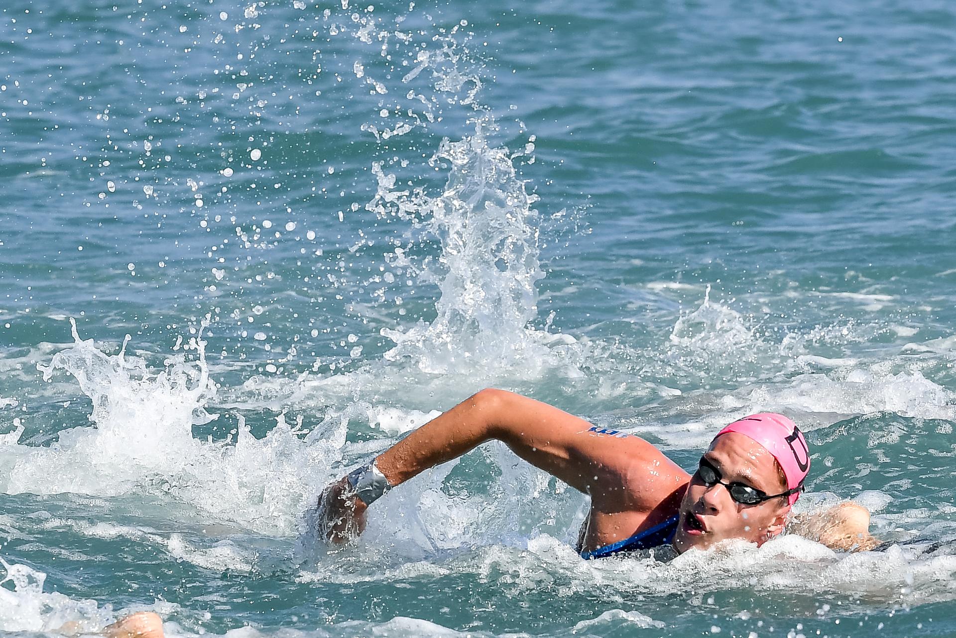 Belgian Logan Vanhuys and pictured in action during the men's 10km open water at the swimming European championships in Rome, Italy, Sunday 21 August 2022. The European Swimming Championships 2022 take place from 11 to 21 August. BELGA PHOTO NIKOLA KRSTIC
