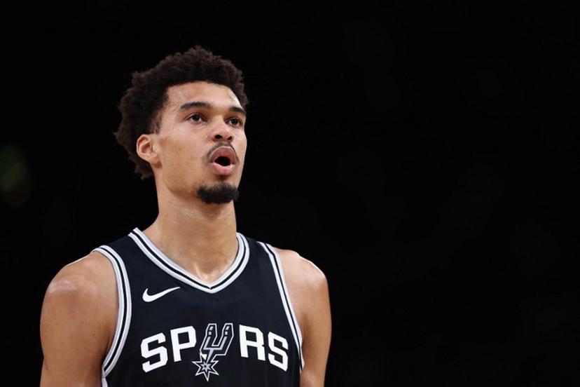 San Antonio Spurs' French forward-center #01 Victor Wembanyama reacts during the NBA basketball game between the San Antonio Spurs and the Indiana Pacers at the Accor Arena - Palais Omnisports de Paris-Bercy - in Paris on January 25, 2025. FRANCK FIFE / AFP